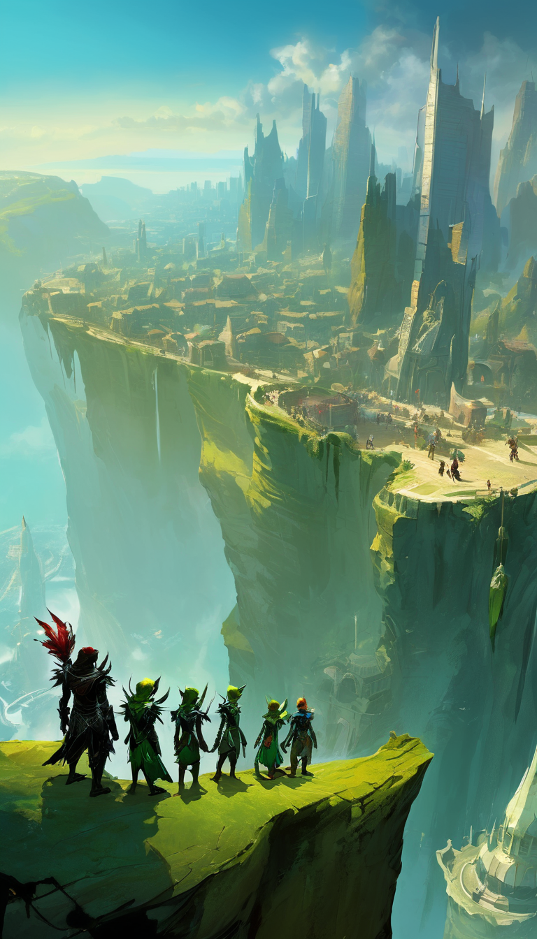 Cinematic scene, a group of elves stand on a cliff overlooking a breathtaking view of a sprawling city below. The city is alive with activity, with merchants selling their wares and adventurers exploring the streets, masterpiece, best quality, high quality, absurdres, vivid, guild wars 2 <lora:guild_wars_xl_v3:1>