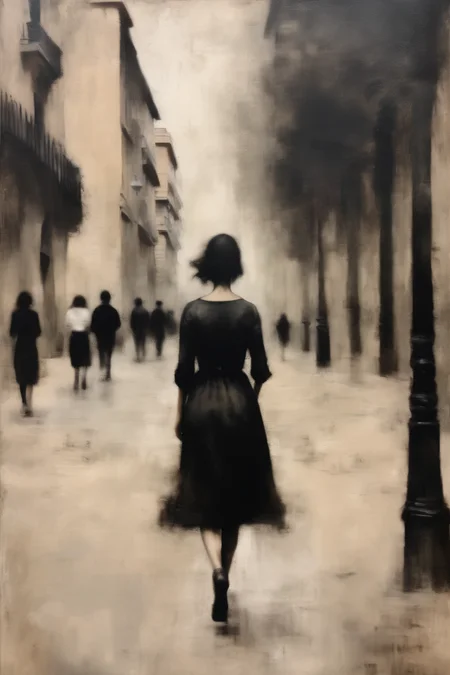 <lora:Ando Fuchs Style:1>Ando Fuchs Style - an oil painting in the style of Bartolom Esteban Murillo depicting a woman in black walking Las Ramblas dark muted moody neutral beige palette