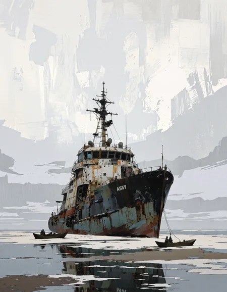 IllusFactor1.. A digital illustration shoot from a low angle about a large ship in a desolate ocean setting, partially submerged in water. the ship, named "ABSY", is the main focus of the image, standing tall in the middle of the frame. it has a dilapidated, rusted exterior with a mix of white and black colors, and the ship's name is clearly visible on the side. the background is a gradient of light gray and white, with a rough, textured appearance, giving the impression of a post-apocalyptic world. the overall mood is somber and desolate, with the ship standing out in stark contrast to the muted tones of the surrounding environment. on the foreground, a small boat with a few people can be seen, adding to the sense of depth and realism to the image. the water is calm and still, reflecting the ship and the surrounding landscape, creating a sense of tranquility and isolation.