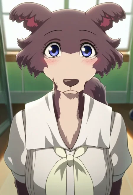 score_9, score_8_up, score_8, score_7_up, score_7, score_6, sidelighting, volumetric lighting, ray tracing, detailed lighting, subsurface scattering, (masterpiece, best quality), very aesthetic, source_furry,  solo, cute, blush, cute  pose, juno, wolf girl, brown-purple fur, blue eyes, wolf tail, school uniform, neckerchief, belt, long sleeves, short sleeves,  white socks, black shoes, <lora:JunoUpdated:1.1>, indoors,  (upper body, face focus, close, looking at viewer:1.2), school hallaway, day, window,  ultra-detailed, absurdres, depth of field, blurry background, cute smile, 1girl, (girly:1.2), (fullfigured ,voluptuous:1.4),  medium breasts, round breasts,  perky breasts,  detailed fur