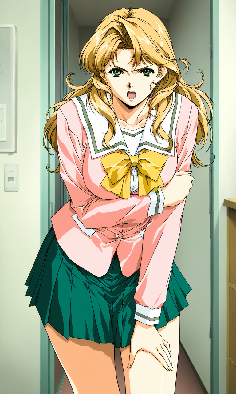 masterpiece, best quality, good quality, <lora:Maejima_Kaori_IS:1> 
Maejima_Kaori,1girl, long hair, blonde hair,green eyes, large breasts, pink jacket, Yellow bow, serious face, horibe hiderou style,
slant eyes,
open mouth,
solo, school uniform, green skirt, serafuku, long sleeves, pleated skirt, bow, looking at viewer, shirt,
apartment house, room.