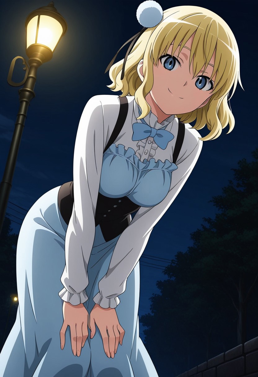 masterpiece, best quality, amazing quality,1girl, solo, BREAK
ari4,blonde hair,short hair, hair ornament, blue eyes,dress,bowtie,
BREAK
from below,smile,looking at viewer, hands on lap,outdoors, sky, lean forward,bent over,dark, night,street lamp