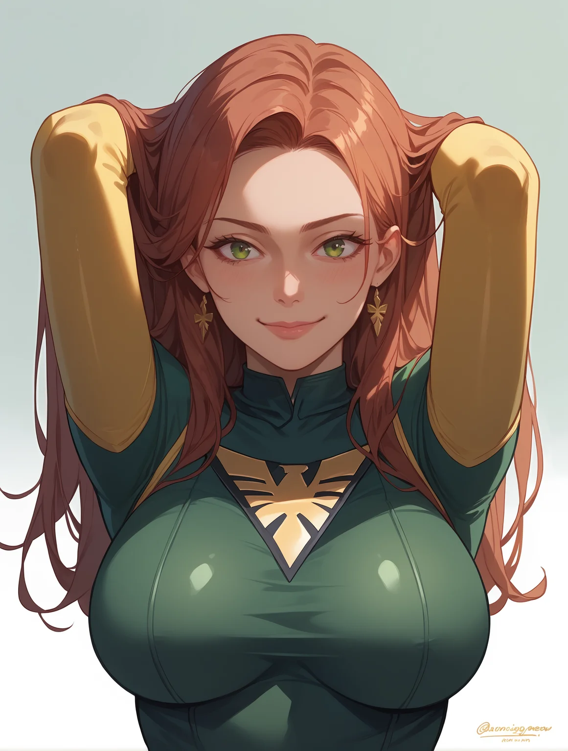 score_9, score_8_up, score_7_up, solo, 1girl, anime, portrait, JeanGrey, green bodysuit ,yellow elbow gloves, large breasts, happy, closed mouth, smile, squinting, hands in hair, simple background, <lora:phoenix-10:1>, zPDXLxxx