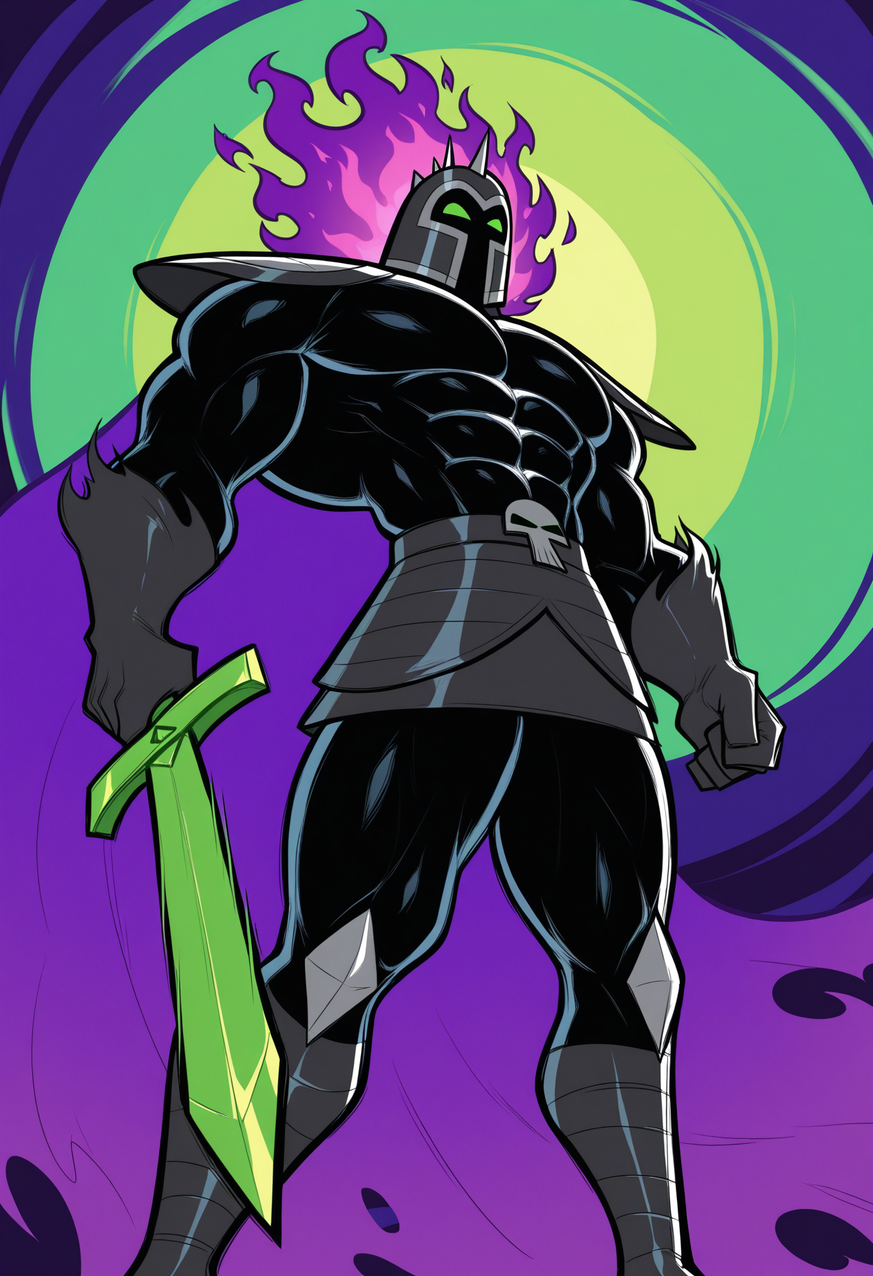 style parody, male focus, 1boy, solo, fr1ghtkn1ght, helmet, muscular, muscular, holding green sword, broad shoulders, purple flame, armor, purple cape, thick thighs, dynamic pose, multicolored background, abstract background,
perfect anatomy, masterpiece, perfect quality, best quality, detailed, newest, very aesthetic