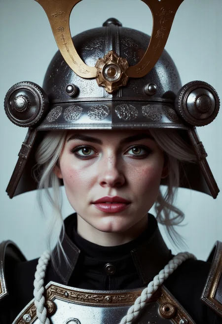 The image is a high-fashion photograph showcasing a shyly laughing Ciri with fair skin and delicate freckles and white hair. She wears an elaborate, futuristic shiny, and reflective chrome armor-like outfit inspired by the traditional Japanese Edo period and Warhammer aesthetics. Large black eyeshadow, Her light laughter softens her otherwise powerful appearance, her eyeshadow eyes peeking from beneath a striking, oversized mirrorring kabuto-style helmet. The helmet, predominantly reflecting with silver accents, is adorned with a dragon-like crest at the front, and intricate mirror filigree winds through the design, echoing the ornate detailing of Edo-period samurai armor. Small gemstones catch the light, adding a subtle glimmer to her shy smile.
Her cheeks, flushed from her laughter, are framed by her freckles, and her expression is warm and approachable despite the imposing armor. She wears a black, segmented outfit that mimics traditional samurai armor, the layered plates of her outfit forming a mix of matte black leather and metallic elements. The intricate engravings and gold accents give it a regal but softened look. A braided white cord is draped elegantly around her neck, adding a ceremonial touch to the otherwise martial ensemble. The background remains a plain, light gray, which contrasts with the dark armor, allowing her shy demeanor, bright eyes, and soft laughter to stand out even more, giving the powerful outfit an unexpectedly tender, approachable vibe.