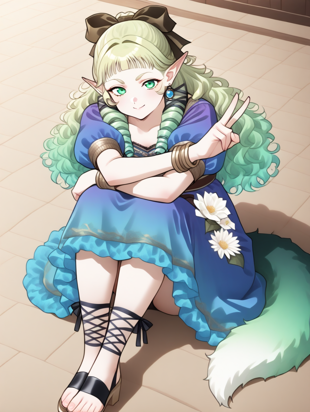 perfect quality,best quality,absolutely eye-catching,ambient occlusion,raytracing BREAK
1girl,<lora:SO4pafy IL v1.2:1>,SO4pafiy,green eyes,green hair,wavy hair,drill sideburns,hair ribbon,pointy ears,earrings,bracelet,green gradient dog tail,white flower on skirt,sandals,black cross-laced legwear,blue puffy short sleeves,ankle lace-up,lace trim,single flower,blue dress,smile,blouse,, dynamic_angle,face_focus,fighting_stance,double_v,hugging_own_legs,sitting,