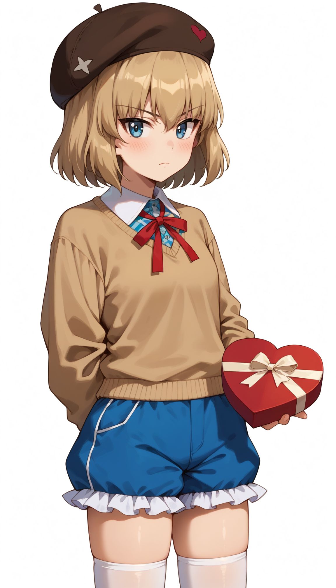 score_7, score_7_up, score_9, score_ 9_up, looking at viewer, 
,<lora:Katyusha (girls und panzer) :0.8>, 1girl, katyusha (girls und panzer), blue eyes, blonde hair, white thighhighs, hat, white background, blue shorts, holding gift, simple background, braid, arms behind back, closed mouth, collared shirt, looking at viewer, short hair, blush, standing, beret, frills, brown headwear, neck ribbon, frilled shorts, sweater, long sleeves, casual, argyle clothes, plaid shirt, holding behind back, :t, valentine
