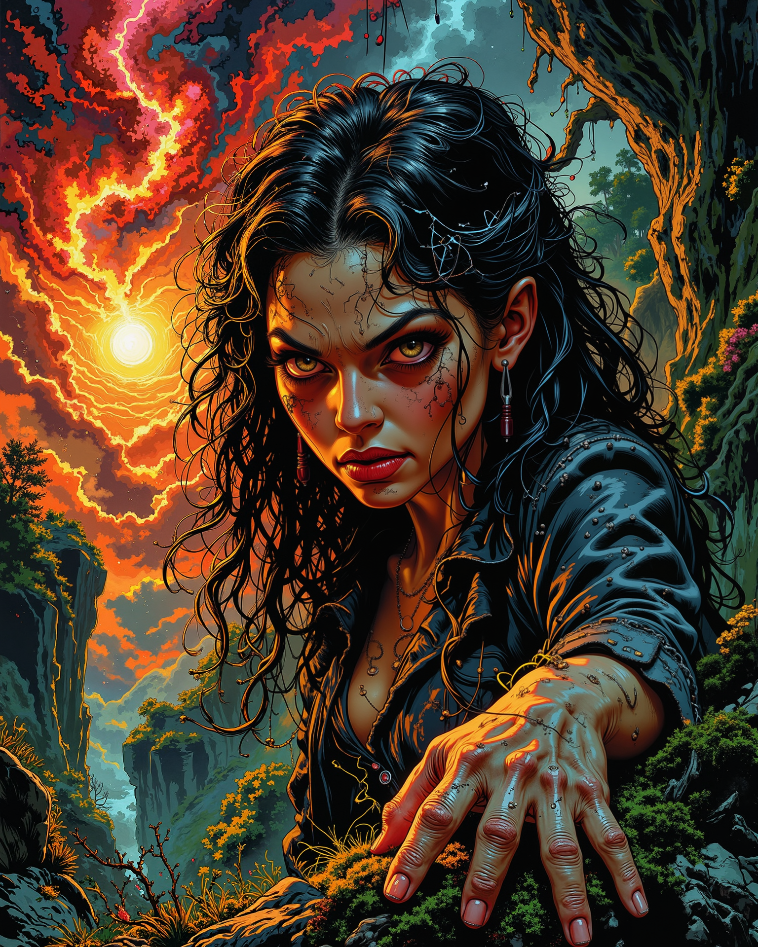 sp00k1h0rr0r, stylized by Valentine Hugo and Winsor McCay, a fierce-looking woman with long, curly hair and piercing sapphire eyes gazes at the camera, her face contorted in terror. The background is a lush Mossy rock formation, with swirling patterns of red, orange, and yellow dominating the scene. The air is thick with fear and excitement as she contemplates the mysteries that lie beyond our own world. shallow depth of field, Visual novel, most flawless in the world, soft shadows, low contrast, and clean, sharp focus<lora:Horror\Spooky_Horror.safetensors:0.9:0.9> <lora:Merge\best_of_flux_v30_rank64_bf16-step01750.safetensors:0.6:0.6>
