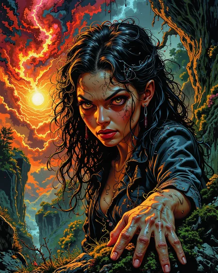 sp00k1h0rr0r, stylized by Valentine Hugo and Winsor McCay, a fierce-looking woman with long, curly hair and piercing sapphire eyes gazes at the camera, her face contorted in terror. The background is a lush Mossy rock formation, with swirling patterns of red, orange, and yellow dominating the scene. The air is thick with fear and excitement as she contemplates the mysteries that lie beyond our own world. shallow depth of field, Visual novel, most flawless in the world, soft shadows, low contrast, and clean, sharp focus<lora:Horror\Spooky_Horror.safetensors:0.9:0.9> <lora:Merge\best_of_flux_v30_rank64_bf16-step01750.safetensors:0.6:0.6>