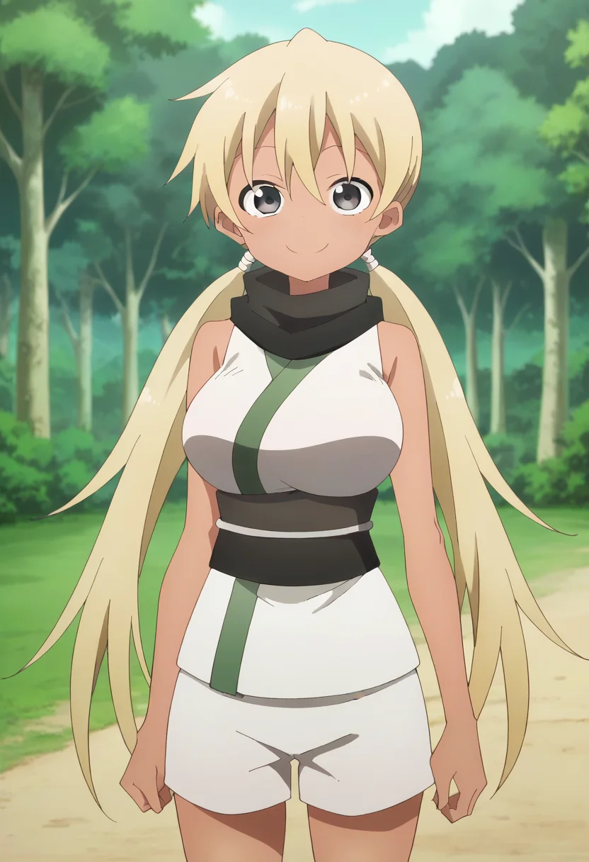 1girl, solo, asagao, long hair, breasts, bangs, blonde hair, large breasts, hair between eyes, bare shoulders, twintails, very long hair, japanese clothes, shorts, sleeveless, dark skin, kimono, scarf, dark-skinned female, grey eyes, sash, bare arms, low twintails, obi, white shorts, short kimono, black scarf, sleeveless kimono,<lora:PonyXL Asagao:1>, score_9, score_8_up, score_7_up, score_6_up, score_5_up, score_4_up , anime coloring ,BREAK source_anime, anime,
looking at viewer, smile,
outdoors, park,