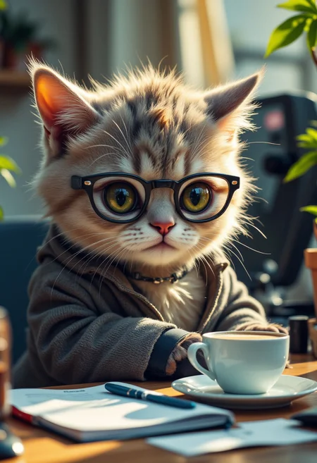 aidmafluxpro1.1, in the style of Jed-clrfl dmanijiv6, A cat working at a corporate office desk, wearing glasses and drinking coffee