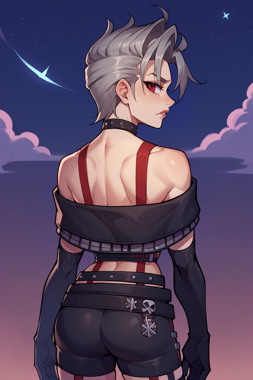 score_9, score_8_up, score_7_up, score_6_up, source_anime, BREAK 1girl, solo  <lora:ffpaine-pdxl-nvwls-v1-000005:1> ffpaine, grey hair, choker, suspenders, off-shoulder shirt, black shirt, black gloves, midriff, belt, black straps, black shorts, black thighhighs, from behind, back, looking back, looking at you, night sky