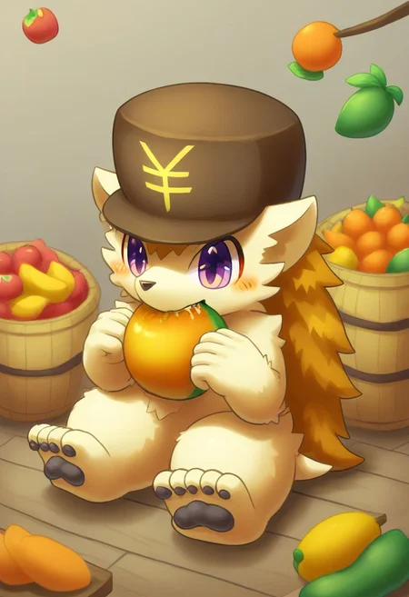 furry, anthro, cute, kemono, male focus, solo, score_9, score_8_up, male, full body, digital art, highly detailed, zPDXL2, hedgehog, hat with yen sign, purple eyes, excessive fruits, vomiting mango, mango in mouth, mango all over body, blush, sitting to the viewer, fruity,
