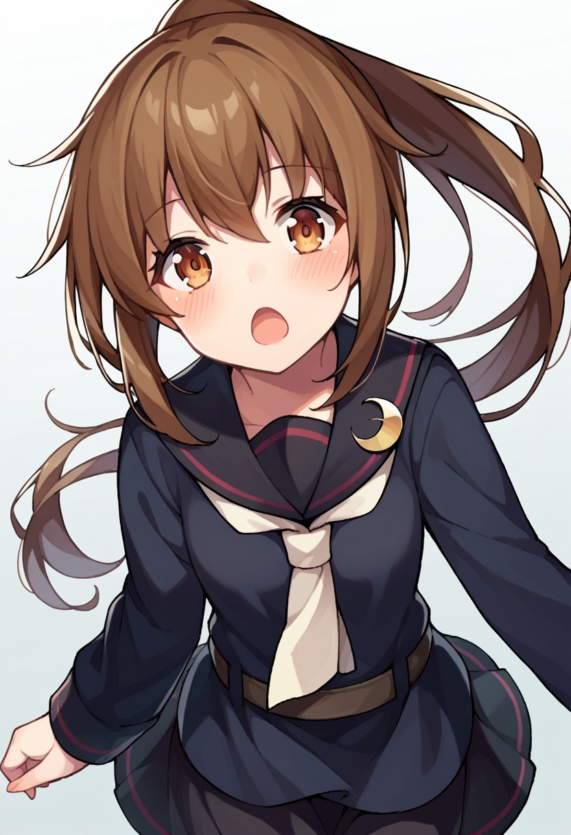 score_9, score_8, score_7, source_anime, fumizuki (kancolle), 1girl
ponytail, solo, looking at viewer, blush, open mouth, long sleeves, school uniform, crescent pin, black serafuku