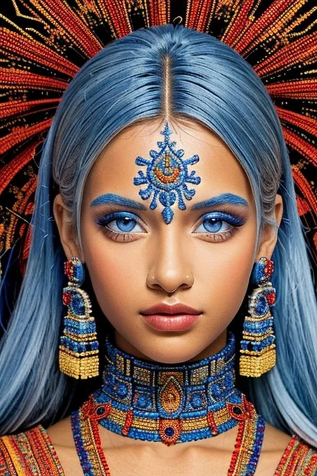 close-up photographic portrait of woman with strikingly vibrant blue-silver eyes. Supe shoulders showing. The face should, intricate, tribal-inspired art, patterns, reminiscent of beadwork and ceremonial embellishments, scheme, rich reds, oranges, blues --ar 2:3