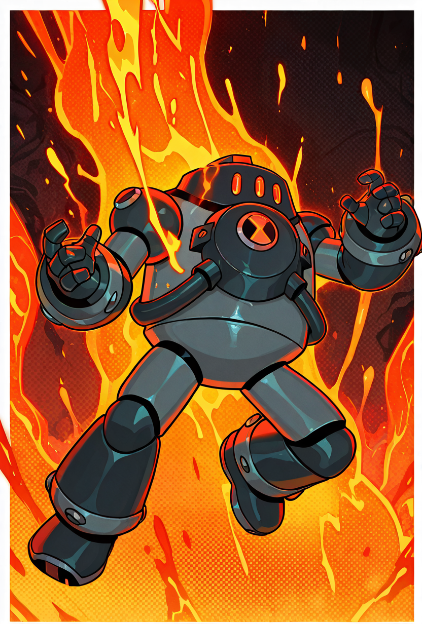 <lora:nrg-06:1> nrg, solo, robot, no humans, armor, red eyes, 3 eyes, dynamic pose, shooting fire, full body, smoke, lava leaking out, inside nuclear reactor, meltdown, dripping lava,, masterpiece, best quality, amazing quality, very aesthetic, absurdres, newest,, upper body, halftone effect, white borders, abstract background:1.2,