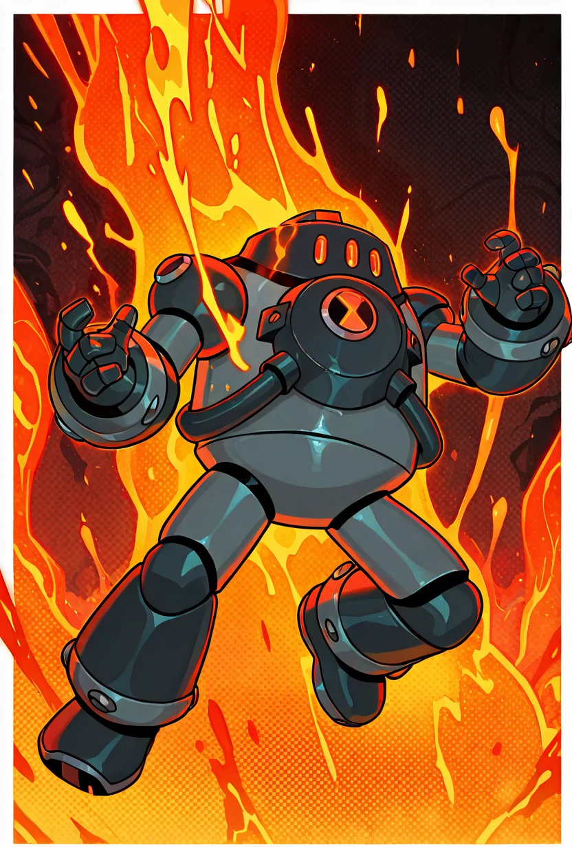 <lora:nrg-06:1> nrg, solo, robot, no humans, armor, red eyes, 3 eyes, dynamic pose, shooting fire, full body, smoke, lava leaking out, inside nuclear reactor, meltdown, dripping lava,, masterpiece, best quality, amazing quality, very aesthetic, absurdres, newest,, upper body, halftone effect, white borders, abstract background:1.2,