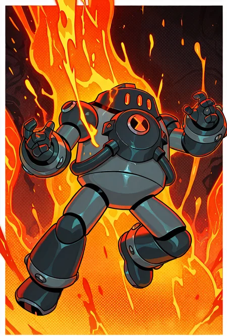 <lora:nrg-06:1> nrg, solo, robot, no humans, armor, red eyes, 3 eyes, dynamic pose, shooting fire, full body, smoke, lava leaking out, inside nuclear reactor, meltdown, dripping lava,, masterpiece, best quality, amazing quality, very aesthetic, absurdres, newest,, upper body, halftone effect, white borders, abstract background:1.2,