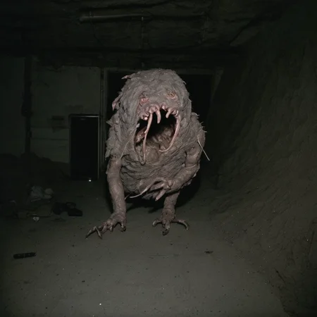 ab0m, dryer lint monster in unfinished basement, dark basement lit by camera flash, 35mm color analog photo