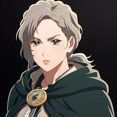 warofroh, Olwyn, grey hair, looking at viewer, green cloak, grey eyes, black background, holding sword, v