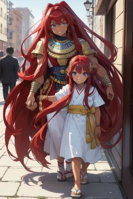 masterpiece, best quality, ultra realistic, 8k uhd, very high quality, extremely detailed face:, very muscular Egyptian-Japanese woman walking and holding hands with a young girl, woman and young girl walking and holding hands, smiling and happy, (extremely dark caramel skin), bright blue eyes, absurdly long ruby red hair, super long ruby red hair, muscles, city environment