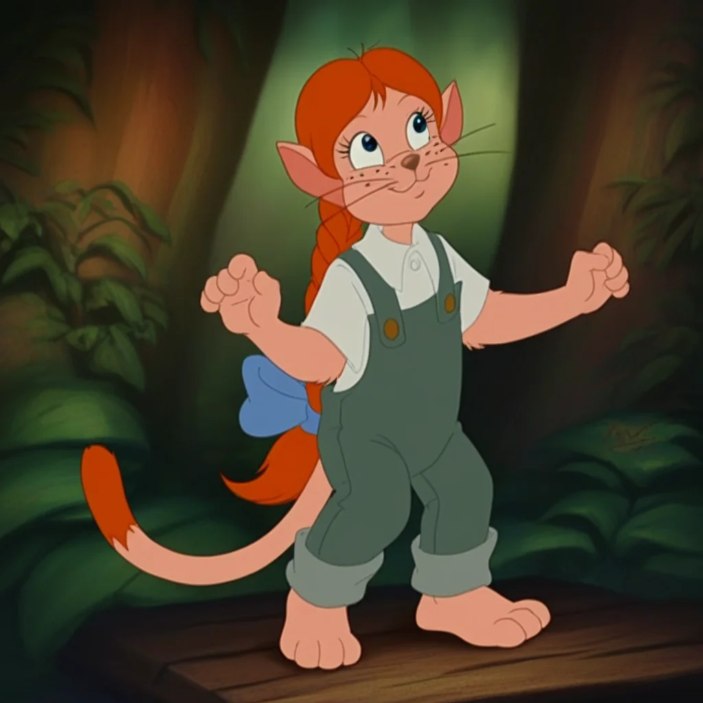blue eyes, in a forest, dark green overalls, solo, short-sleeved white shirt, feline, furry, freckles face, Amy_Lawrence, tail, barefoot, cute, pointed ears, whiskers, hair braid, smile, standing, expressive eyes, small round nose, full body, orange hair, blue bow, Score_9, cream fur, cat ears