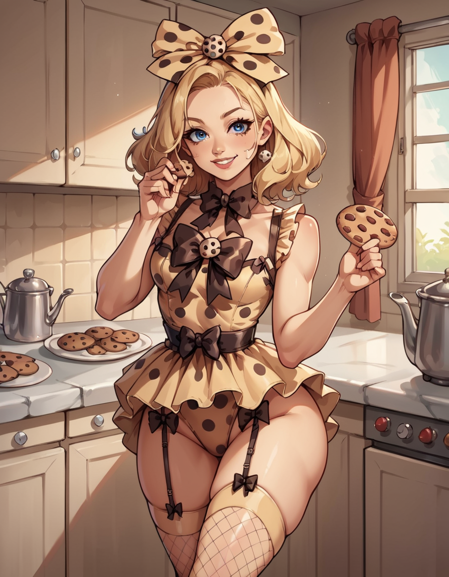score_9, score_8_up, score_7_up, score_6_up, score_5_up, score_4_up, source_anime, best quality, 1girl, solo, long blonde hair, blue eyes, lipstick, hud_ckie,  sleeveless brown polka dot leotard, garter straps, cookie, frills, fishnet thighhighs, bow, hair decoration, <lora:cookie-000008:0.8>, looking at viewer, light smile, kitchen