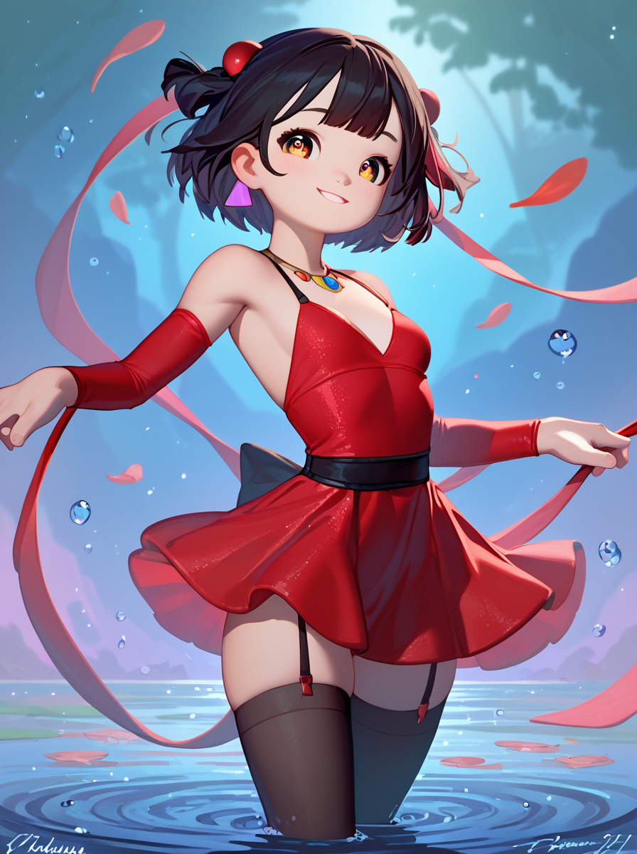 score_9, score_8_up, score_7_up, PDXL, <lora:Pakwan008:1>, pakwan008, 
1girl, cute face, detailed eyes, small breasts, red dress, black thighhighs, dancing in the middle of a lake