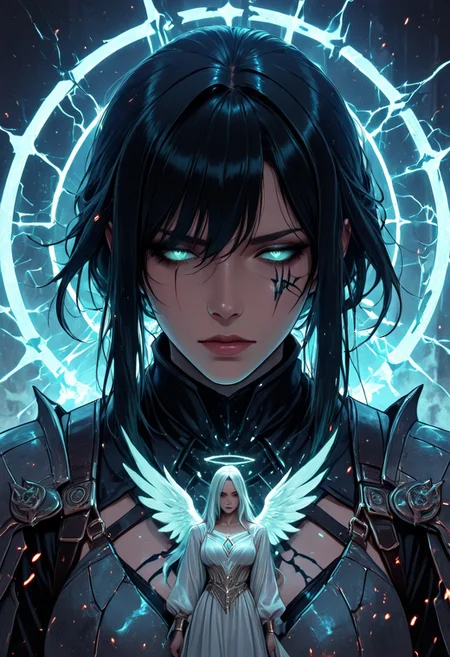 (masterpiece), (best quality), (8k), 2girls, angel and demon, intense stare-down, tension, glowing eyes, magical aura, emissive lighting effects, cinematic lighting, golden hour glow, divine vs infernal contrast, glowing halo above angel, broken or burning halo above demon, floating sparks, glowing tattoos or markings, glowing feathers vs shadowy wings, ambient light particles, symmetrical composition, high detail, soft shadows and light contrast, dramatic environment, detailed armor and flowing cloth, mystical energy in air,
