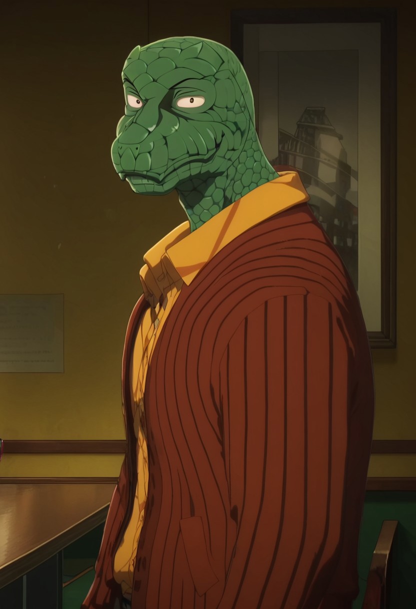 score_9_up, score_8_up, score_7_up, high quality, detailed, male, solo male, Gosha, 1boy, mature male, anthro, komodo dragon, green body, black eyes, beastars, athletic build, claws, reptile, green skin, lizard, looking at viewer, smiling, indoors, living room, red jacket, yellow shirt, bust shot