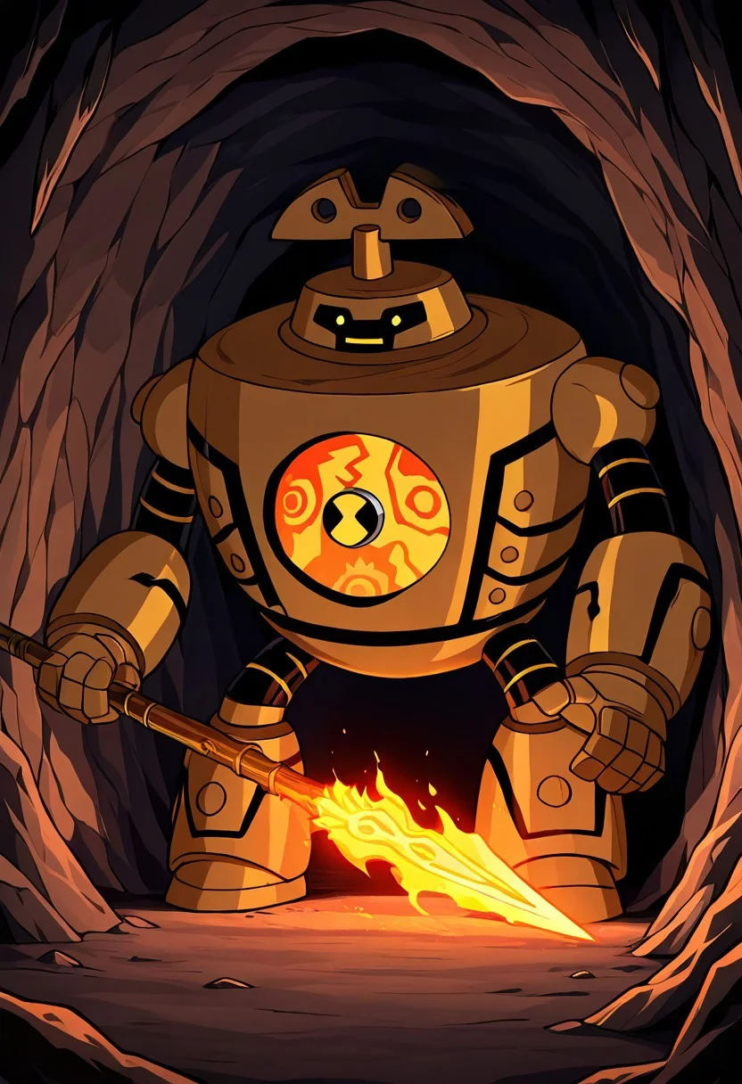 masterpiece, best quality, amazing quality, very aesthetic, absurdres, newest,
clockwork, robot, solo, no humans,
inside cave, holding speak, ancient spear, dark cave, cave paintings, cave wall paintings, cave drawings, caveman clothes, caveman pelt, fire glow, hand on cave wall