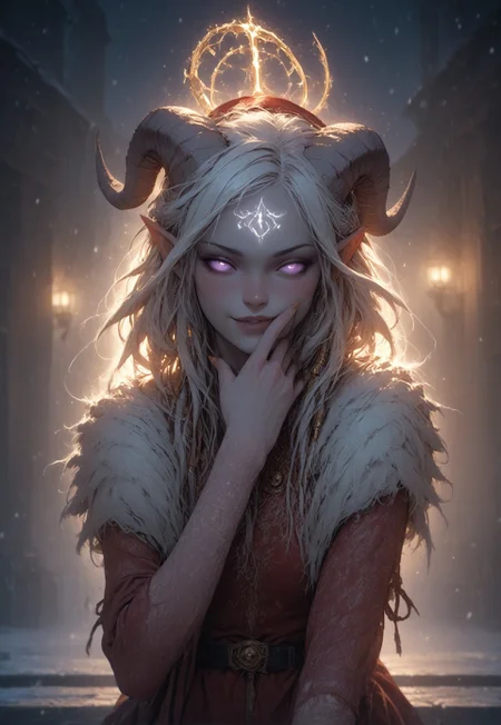 (absurdres, best quality, masterpiece:1.4), score_9, score_8_up, score_7_up, score_6_up, detailed, detailed body, detailed face, world of warcraft, fantasy, <lora:add-detail-xl:1.5>, 

fFaceDetail, ((female, draenei, tall, athletic arms, pale white skin, long white hair, purple eyes, no sclera, long white tail), (h0rns, ram horns, white horns), 
(long fingers, gold fingernails, gold nail polish)), 

alone, upper body, standing, looking toward viewer, soft smile,

Red santa dress with a white fur trim, red santa hat with a white fur trim, black belt with a gold buckle, black knee high boots, White thigh high socks

depth of field, evening, outdoor, harbour, snowing, light snow
