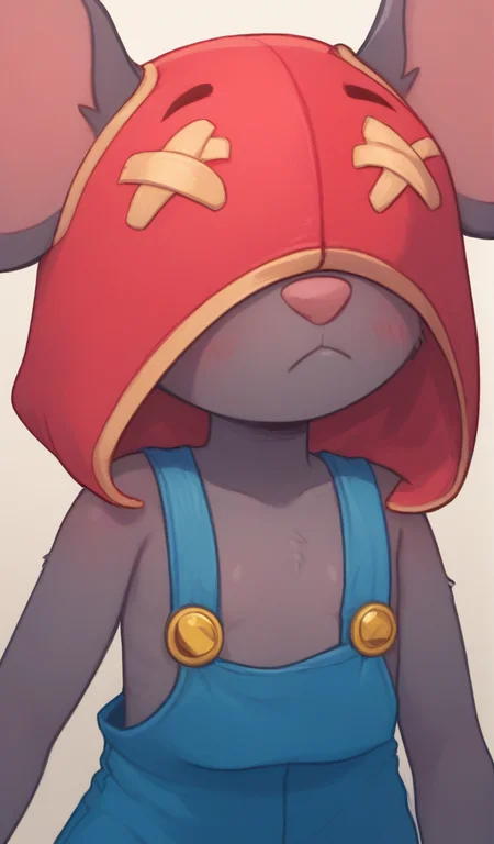 Score_9, Score_8_up, Score_7_up <lora:bsmoe:1>,bsmoe ,mouse girl , furry female , red hood ,no visible eyes ,blue overalls, flat chest , no nipples , <lora:PossumMachine:1>posmach , blush , confused ,??? ,looking at viewer, nervous, upper body, portrait,