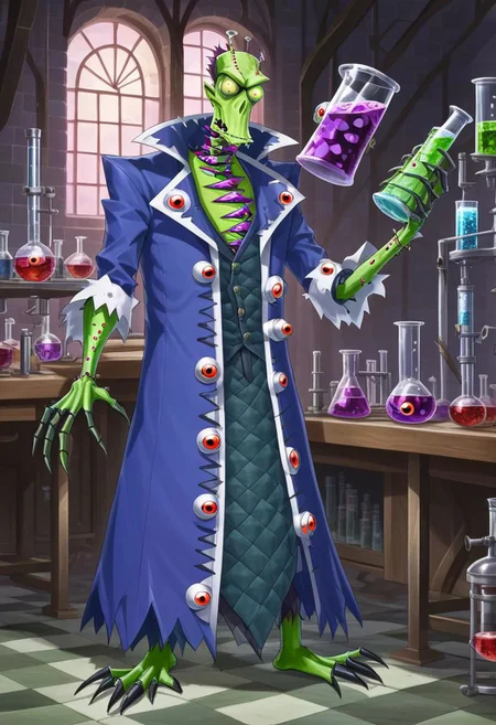 a skinny fleshmutant frankenstein's monster covered in eyes holding a beaker inside of a laboratory,patchwork creature,patchwork skin,full body,2d,anime