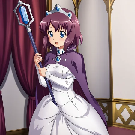 <lora:henriettafamiliararofzero_pony_v1:.8> Henrietta, staff, purple hair, 1girl, white dress, cape, short hair, crown, blue eyes, scepter, long sleeves, princess