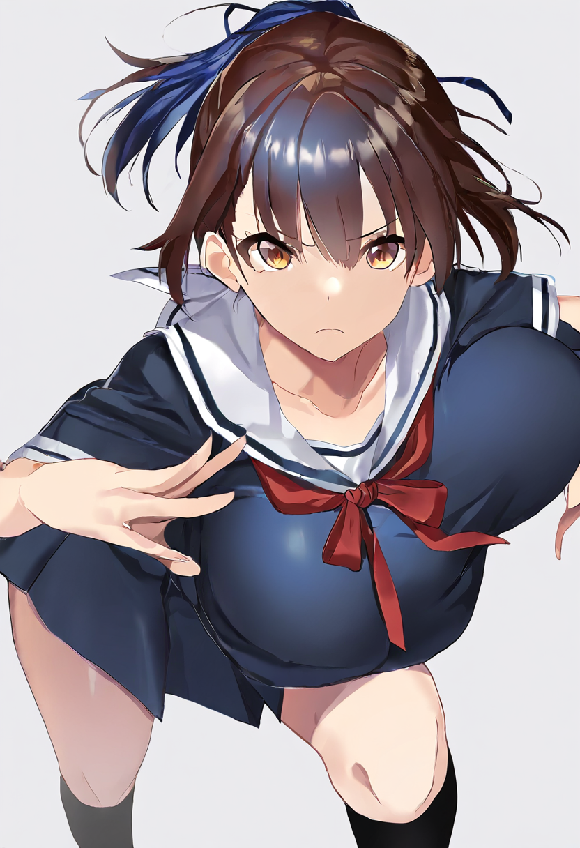 masterpiece,best quality,
<lora:MSIZE_Style_Pony:0.8>,msize_style,1girl,solo,brown hair,short ponytail,blue hair ribbon,brown eyes,serafuku,sailor collar,red bow,black socks,collarbone,large breasts,
looking at viewer,cowboy shot,dutch angle,dynamic pose,