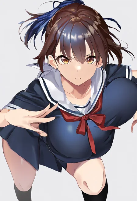 masterpiece,best quality,
<lora:MSIZE_Style_Pony:0.8>,msize_style,1girl,solo,brown hair,short ponytail,blue hair ribbon,brown eyes,serafuku,sailor collar,red bow,black socks,collarbone,large breasts,
looking at viewer,cowboy shot,dutch angle,dynamic pose,