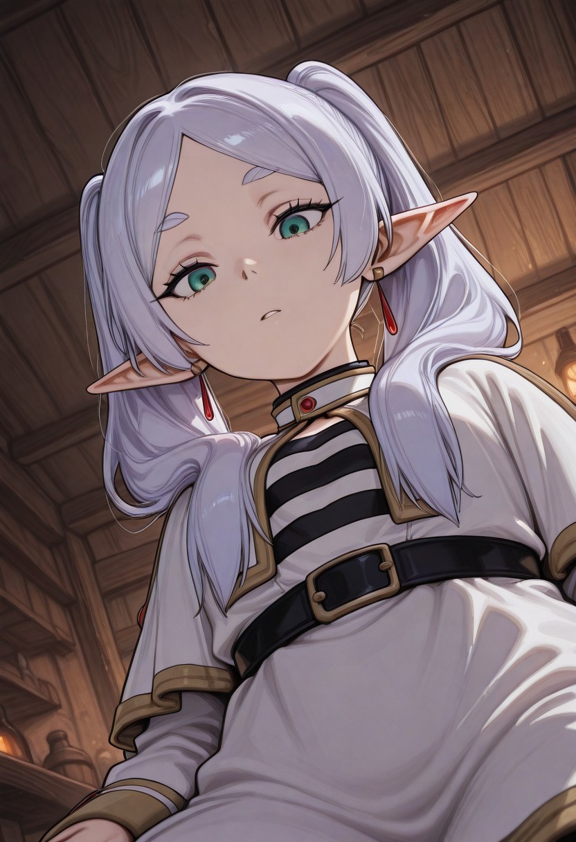 masterpiece, by piaki,  best quality, very detailed, 
1 girl, frieren, white hair, twintails, flowing hair, windy, green eyes, big eyes,
Indoors, tavern, cowboy shot, dutch angle, lap pov, lap pillow, from below, ceiling, looking down, pov, reaching towards viewer, receiving headpat,