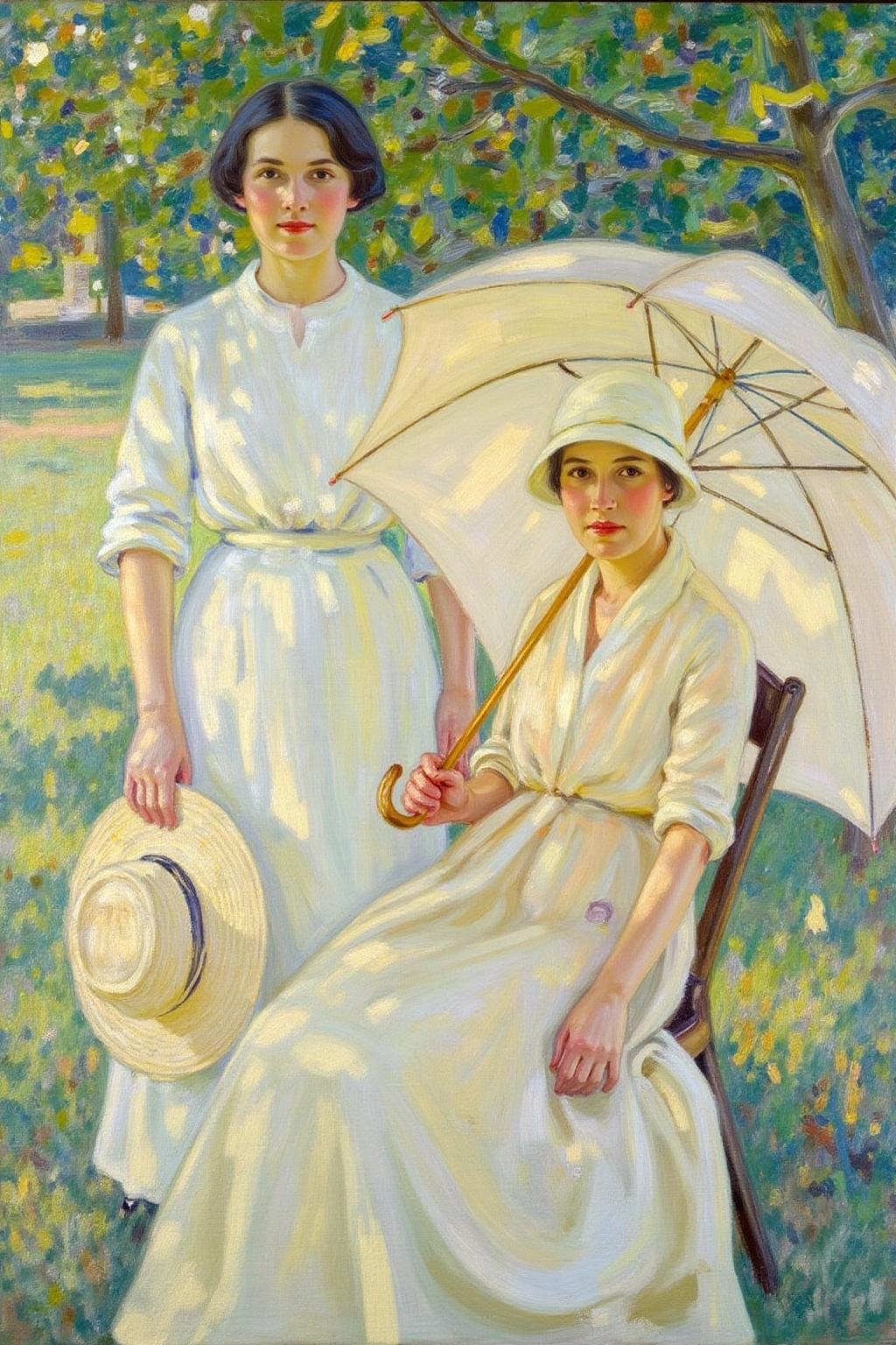 helenmcnicoll2 painting.
Two women in a serene outdoor setting. On the left is a woman with short dark hair standing, holding a wide-brimmed hat in her hand. On the right, a woman is sitting on a chair, wearing a small cap and holding a parasol.
 <lora:helenmcnicoll2_cap_d6a3:1.0><lora:838469361258958906:0>