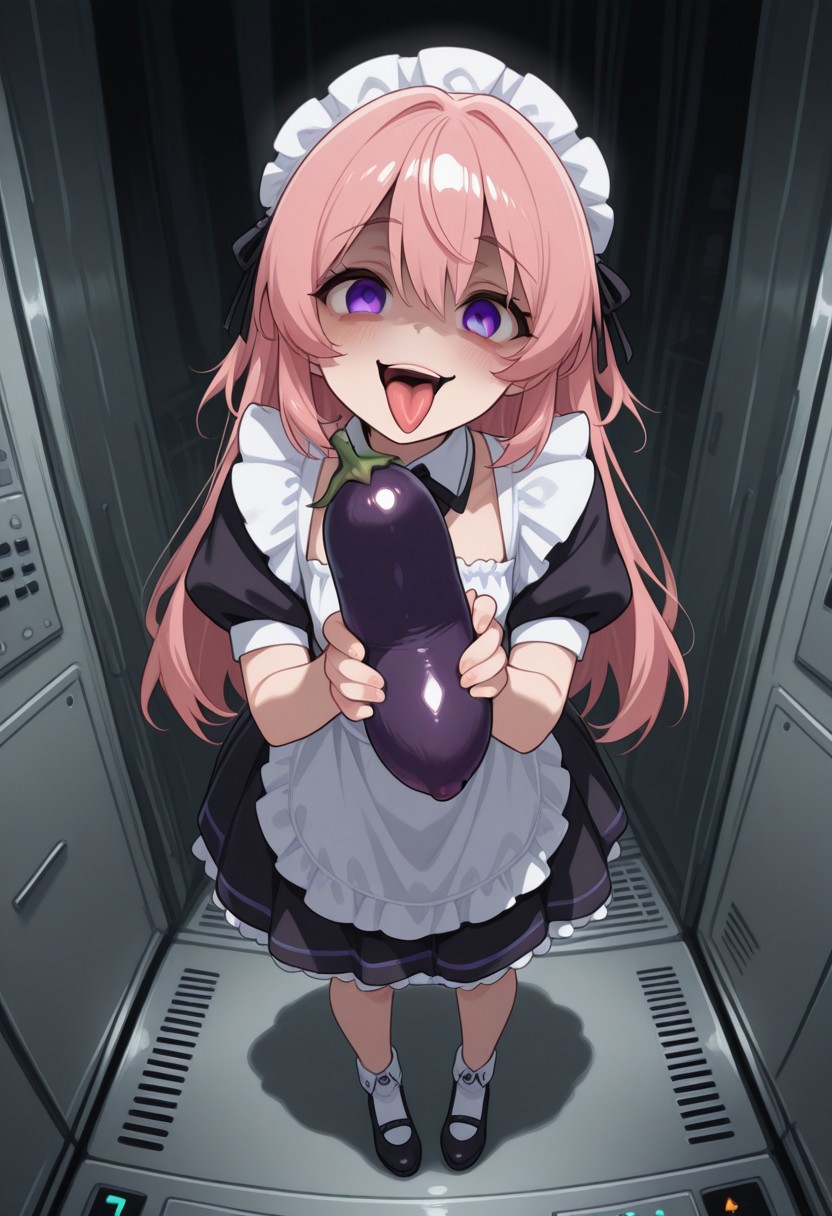 high quality,  full body, <lora:CivChan:1> civchan, yandere,  server, tongue out, holding eggplant,