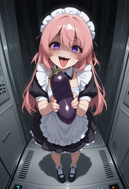 high quality, full body, <lora:CivChan:1> civchan, yandere, server, tongue out, holding eggplant,