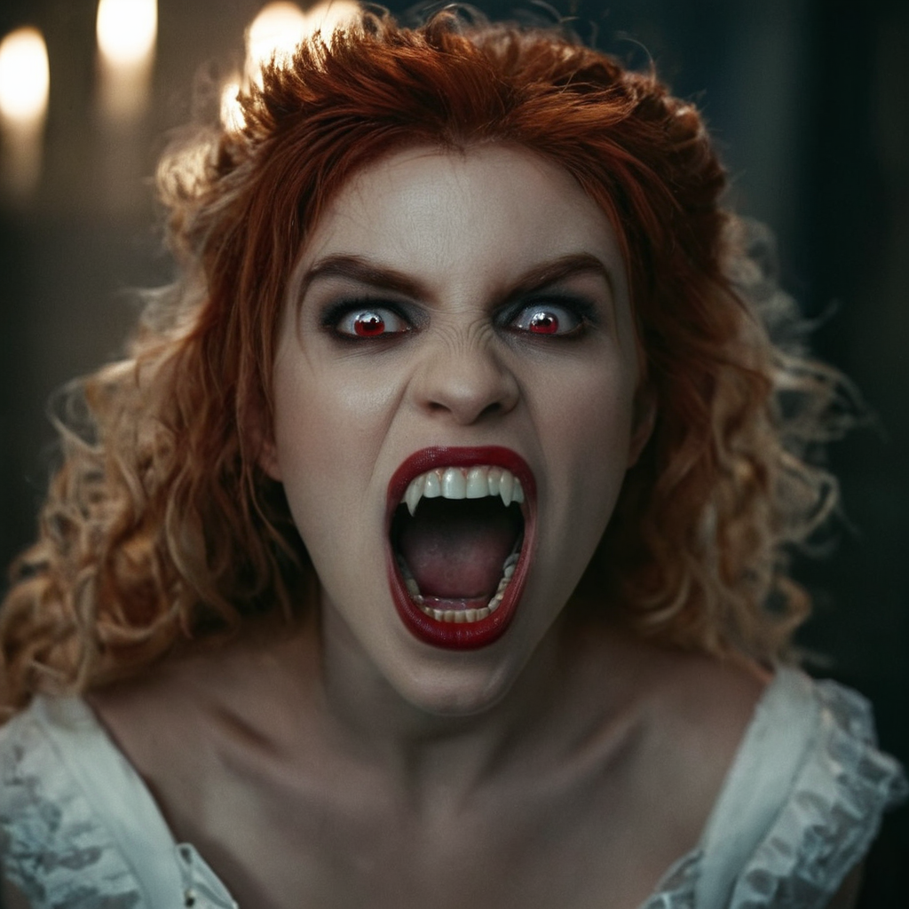 cinematic film still of  <lora:perfection style:0.5> perfection style
 <lora:fang:0.8>
vampire fangs biteeth a woman with red hair and a white dress, scary, thriller, horror style, gothic movie themed, sharp, detailed, epic cinematic photography, artistic, creative, dramatic light, cinematic color style, Kodak film style, vampire fangs teeth style, vampire teeth style, vampire fangs style, 1girl, solo, long hair, looking at viewer, open mouth, brown hair, brown eyes, upper body, teeth, indoors, blurry, blurry background, fangs, horror (theme), blonde hair, red eyes, realistic, photorealistic, messy hair, shallow depth of field, vignette, highly detailed, high budget, bokeh, cinemascope, moody, epic, gorgeous, film grain, grainy