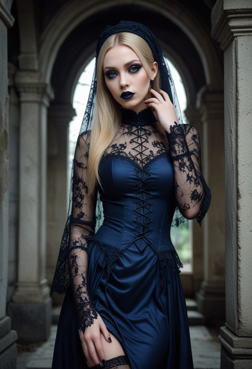 ((fashion photography)), perfect face, perfect eyes, (medium full shot) of  (vivacious gothic maiden) young woman, thai, straight hair, brown eyes, light brown skin, tan skin, hazel eyes, Average, long blonde ponytail hair, wearing Victorian mourning attire with a black crepe dress, lace veil, silk stockings, ankle boots, Dark blue lipstick, bold navy blue and black eyeshadow, intricate eyeliner design, pale skin, dark nail polish with blue shimmer, set in  ancient cemetery Mausoleum, Shadowy chamber with crumbling stone walls adorned with cobwebs, marble sarcophagi standing sentinel, flickering candlelight casting eerie shadows, a musty scent of decay lingering in the air , surprised, open mouth, pointing her finger at the viewer, masterpiece, best quality, photorealistic, very aesthetic