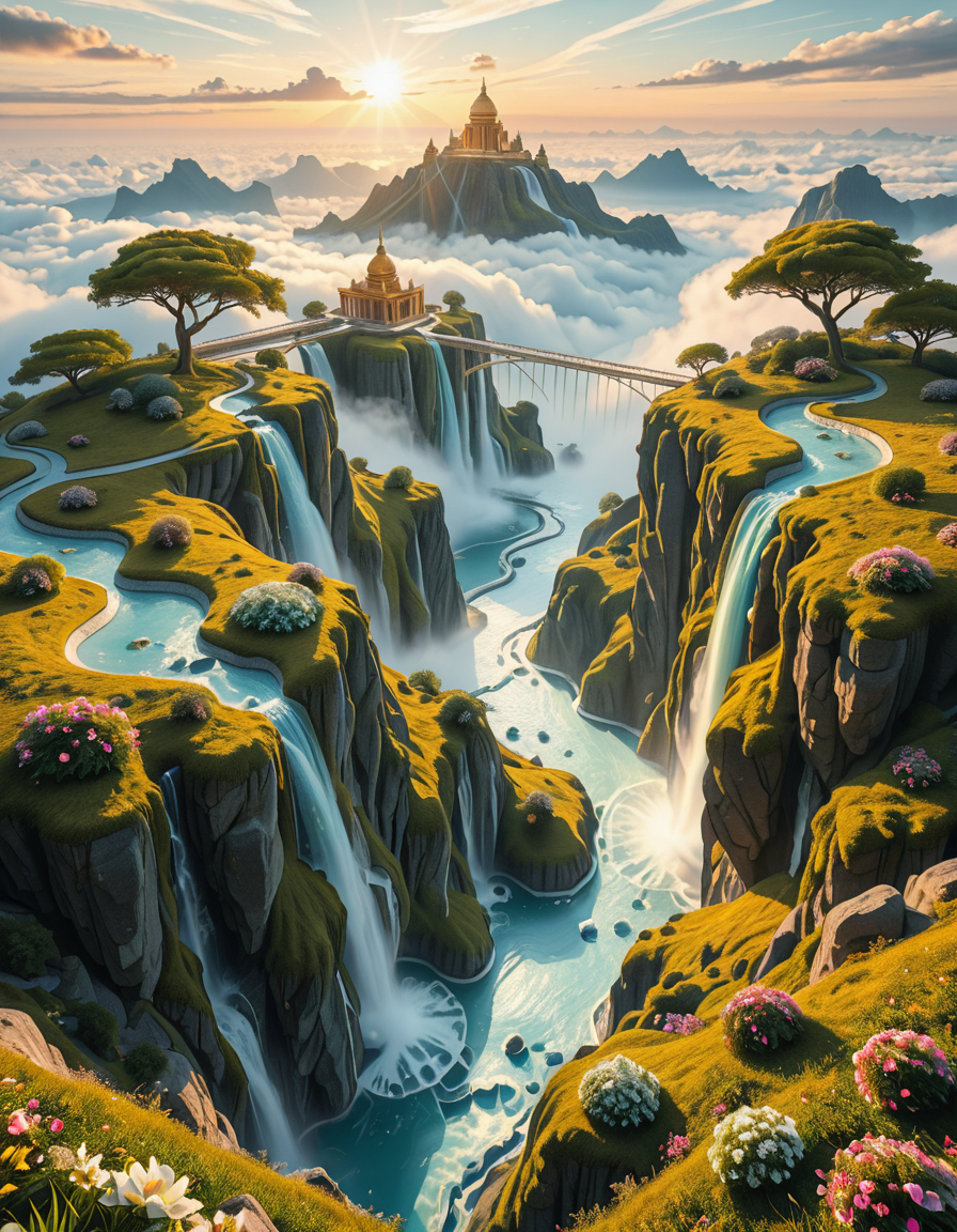 A mesmerizing celestial background featuring an otherworldly paradise. Towering crystalline mountains with peaks that glow softly under a sky painted in shifting hues of iridescent blues, pinks, and golds. Rivers of liquid light flow through vast, open meadows filled with luminescent flowers that pulse with a gentle glow. Gigantic, translucent trees with silver leaves sway in a breeze that carries floating particles of golden dust. Suspended bridges made of shimmering energy connect ancient, floating monoliths engraved with intricate celestial patterns. In the distance, an enormous radiant waterfall cascades into a bottomless, mist-covered abyss, reflecting the surrounding ethereal glow. A tranquil atmosphere, untouched and divine, filled with an overwhelming sense of wonder and serenity.
<lora:SDXLFaeTastic2400:0.4> <lora:extremely_detailed:0.4> extremely detailed,heavenly l4ndsc4p3, <lora:heavenly_l4ndsc4p3-i:1>, Masterpiece,best quality,hi res,8k,hi res,8k,award winning,(sharp focus, intricate, highly detailed),