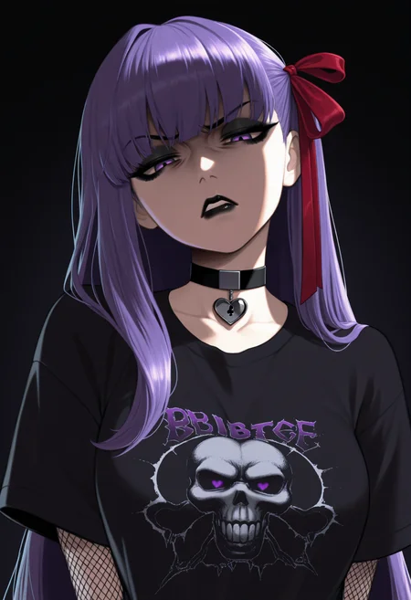 masterpiece, best quality, 1girl, solo, BBFate, purple eyes, long hair, purple hair, hair ribbon, red ribbon, black shirt, t-shirt, black choker, heart choker, goth, eyeliner, eyeshadow, black lipstick, fishnets, upper body, dark theme, head tilt, bored, annoyed, looking at viewer, disgust, <lora:ChamBBNoob:1>