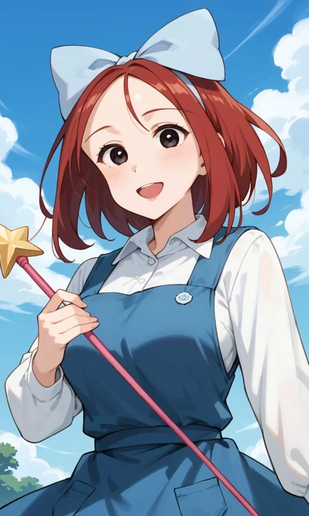 (1girl:1.5), (solo:1.3), (score_9, score_8_up, score_7_up, score_6_up, score_5_up, score_4_up), (source_anime), rating_questionable, looking at viewer, (upper body:1.3), outdoors, blue sky, cloudy sky, looking at viewer,
(shiwasu-mari), (black eyes, red hair, medium hair, parted bangs, parody hair), (large breasts), (smile, happy, open mouth, wide mouth), <lora:magical-mari-early_v1:0.9> (light blue big hair bow, royal blue pinafore dress, white collared shirt, long sleeves, white bobby socks, red footwear, mary janes), (holding wand), hand up,
