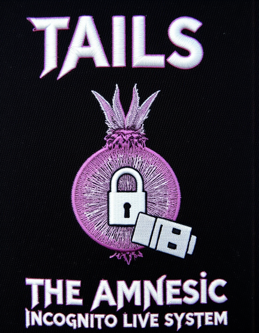 <lora:TextimproverV0.4:1> aidmatextimprover,   <lora:metal-logo:1> m3t4ll0g0 Text : "Tails" in large text at the top. The text "The Amnesic Incognito Live System" is printed at the bottom.  Featuring  a purple and white logo of a  Mixture of onion, Lock and USB stick <lora:Embroidery_Patch_FLUX:1> patch, embroidery