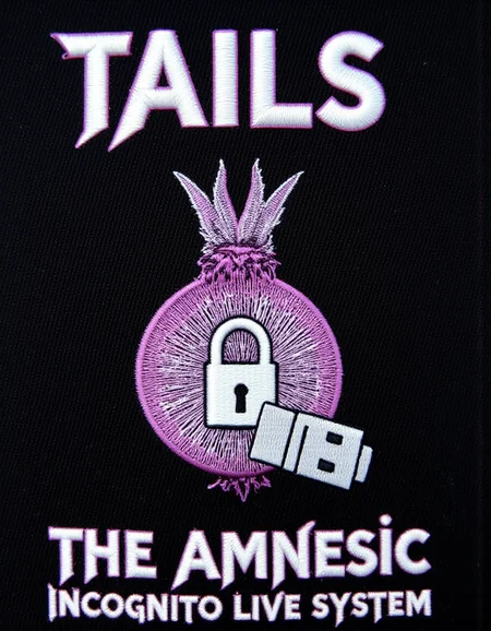 <lora:TextimproverV0.4:1> aidmatextimprover, <lora:metal-logo:1> m3t4ll0g0 Text : "Tails" in large text at the top. The text "The Amnesic Incognito Live System" is printed at the bottom. Featuring a purple and white logo of a Mixture of onion, Lock and USB stick <lora:Embroidery_Patch_FLUX:1> patch, embroidery