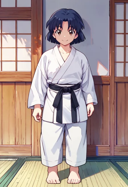 score_9, score_8_up, score_7_up BREAK AkaneTendo, 1girl, dark blue bob cut, brown eyes, white karate black-belt outfit, karategi, barefoot, smiling at viewer, full body,