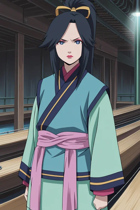 anime screencap, anime coloring, detailed face, masterpiece, best quality, very aesthetic, absurdres, volumetric lighting, official style, amazing quality, ultra detailed, highres, amazing quality, scenery, beautiful detailed hair, beautiful detailed eyes
<lora:Koyuki_Kazahana_Naruto_the_Movie_Ninja_Clash_in_the_Land_of_Snow_-_Illustrious_r2:1>
outside, on the deck of a boat,
Koyuki green kimono outfit, Koyuki Kazahana (character), black hair, long hair, blue eyes, Japanese clothes, long sleeves, ponytail, (makeup, lipstick, eyeshadow),
looking at the viewer, serious face, cowboy shot, lips parted,